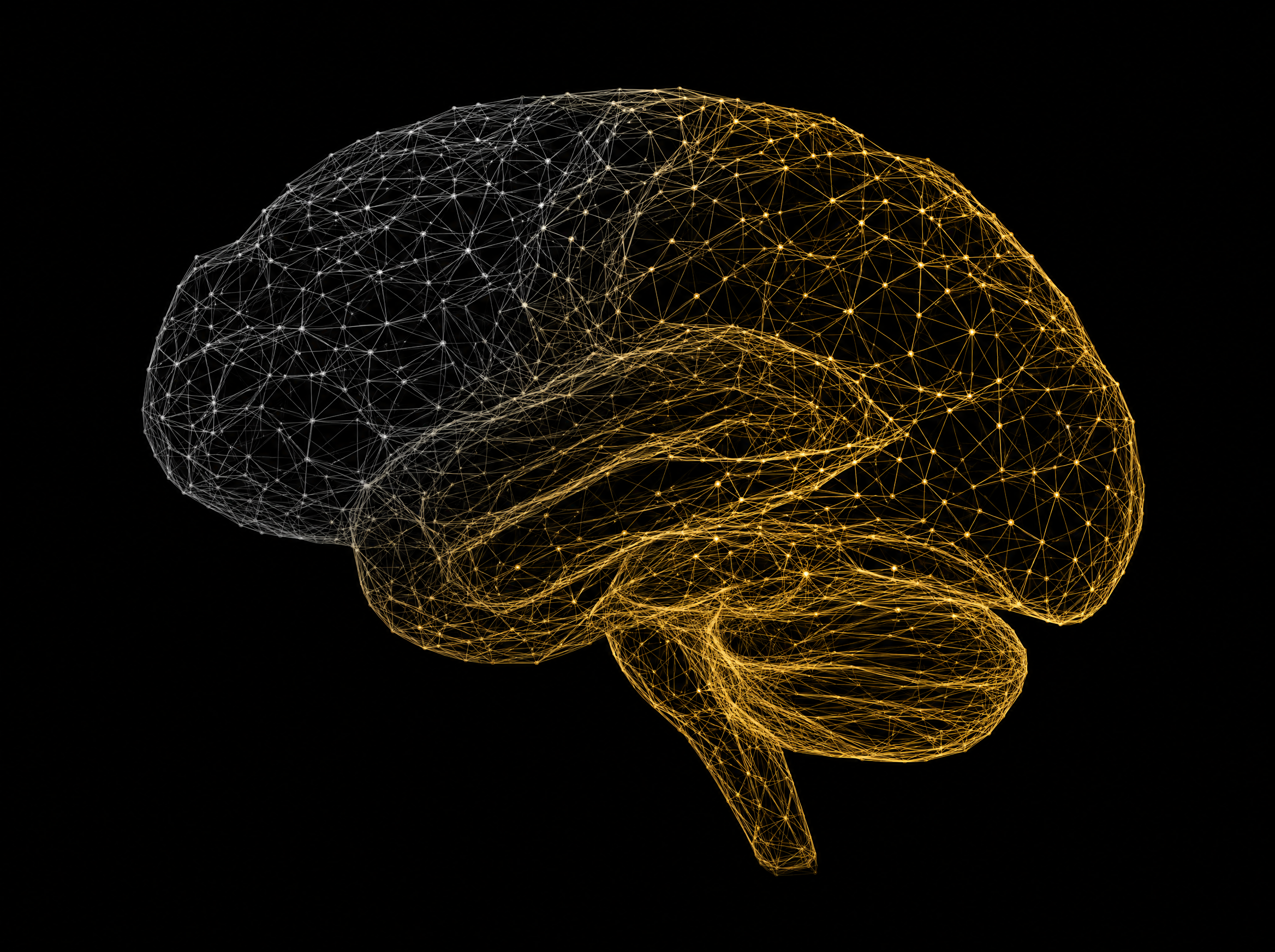 The Affluent Mind — a golden thought-network brain, old grey floss transitioning to radiant gold filament.