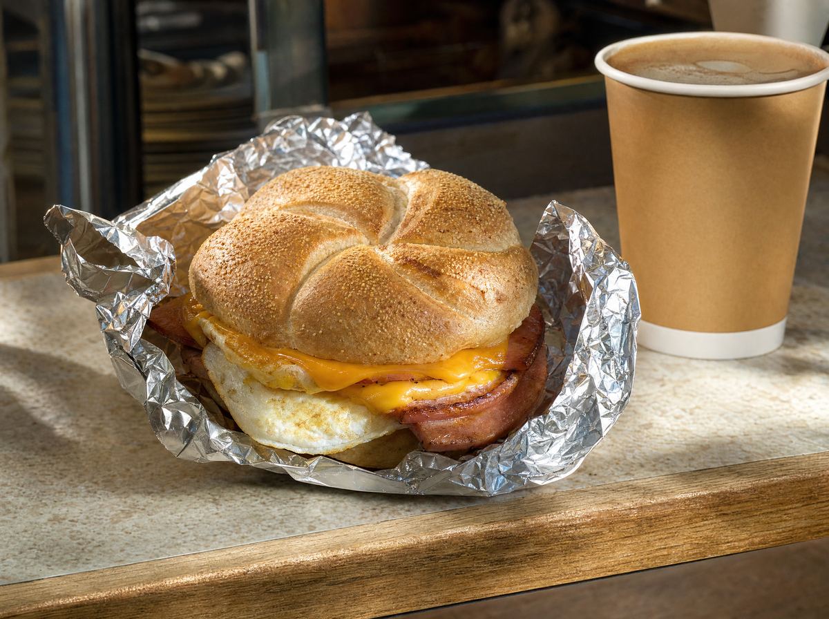 A pork roll, egg and cheese sandwich half-wrapped in foil next to a cup of coffee