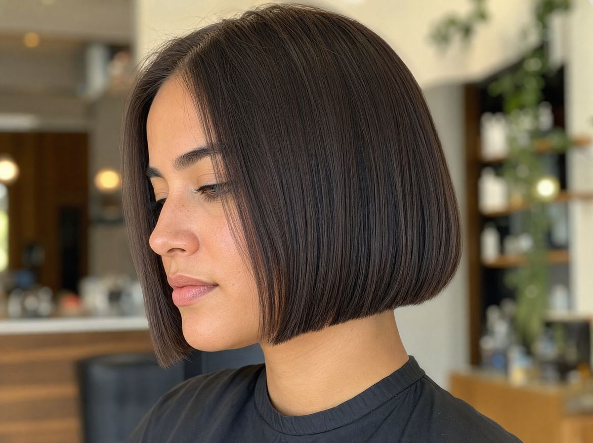 A sleek, glossy chin-length bob with a blunt perimeter