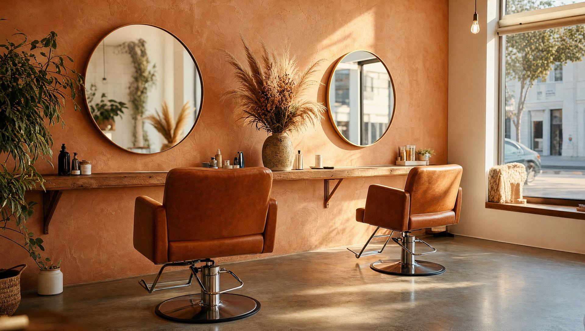 The salon floor: two cognac leather styling chairs facing round brass mirrors on a sunlit terracotta plaster wall, with dried pampas grass on a wooden shelf