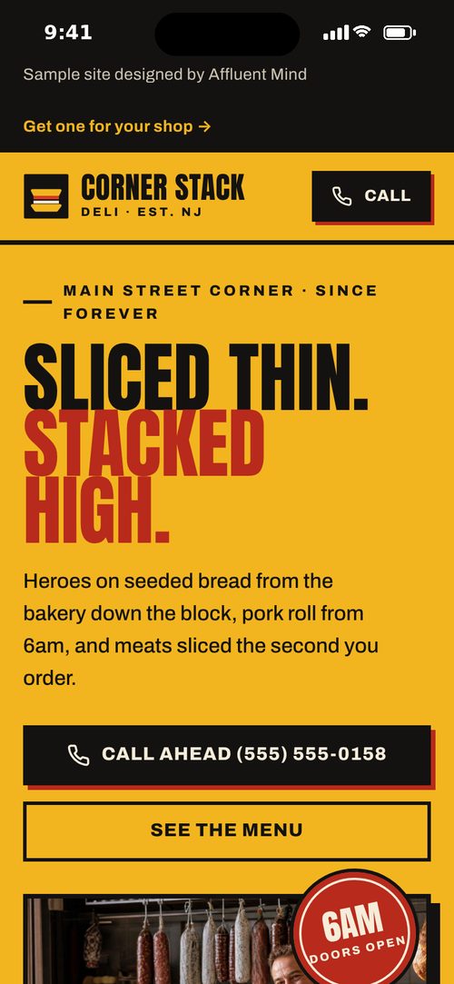Corner Stack Deli, a sample deli site, on a phone