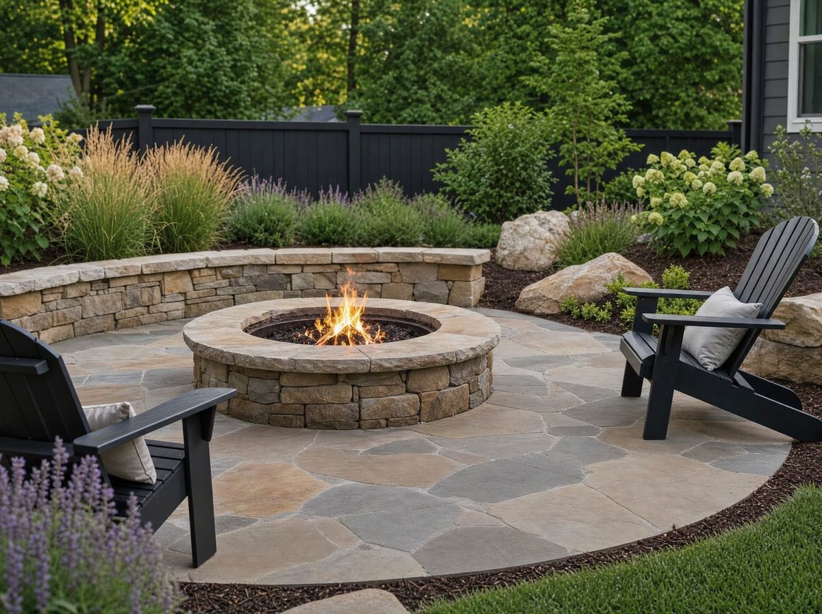 Natural stone patio with a round fire pit and outdoor seating