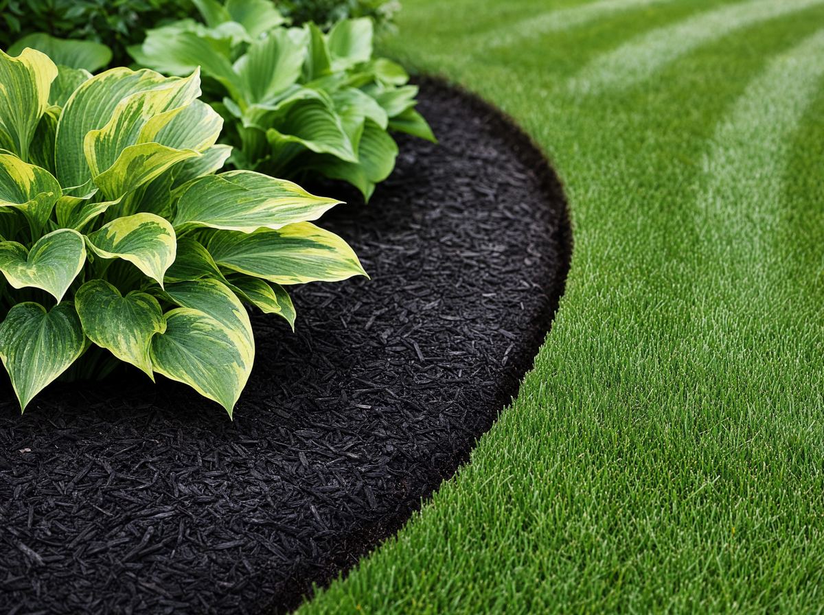 Freshly edged mulch bed planted with hostas beside a striped lawn