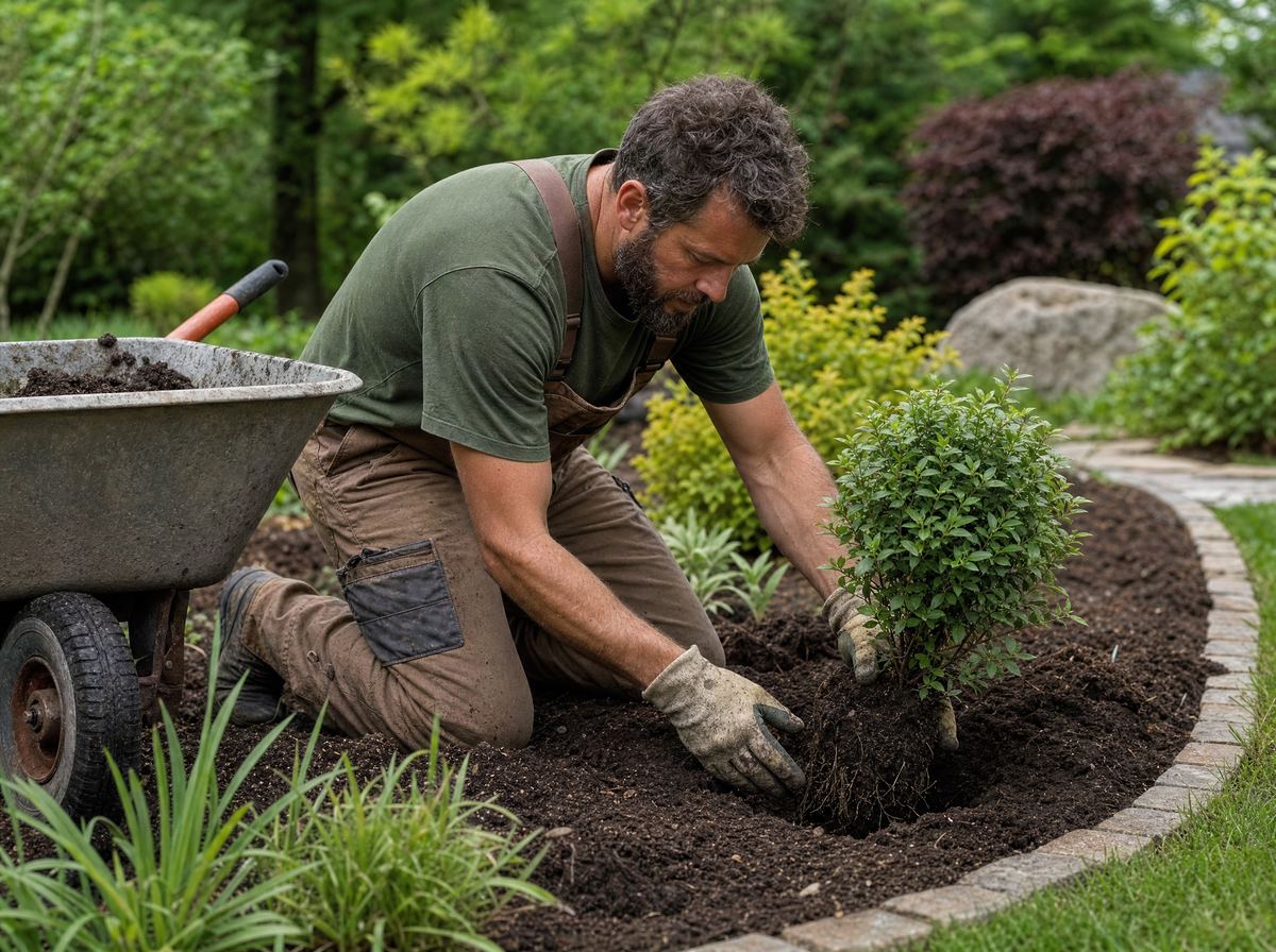 Landscaper planting a shrub in a new bed with a wheelbarrow nearby